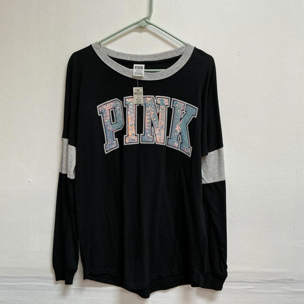 PINK Long Sleeve T-Shirt with Sequin Logo Small Fast Free Shipping